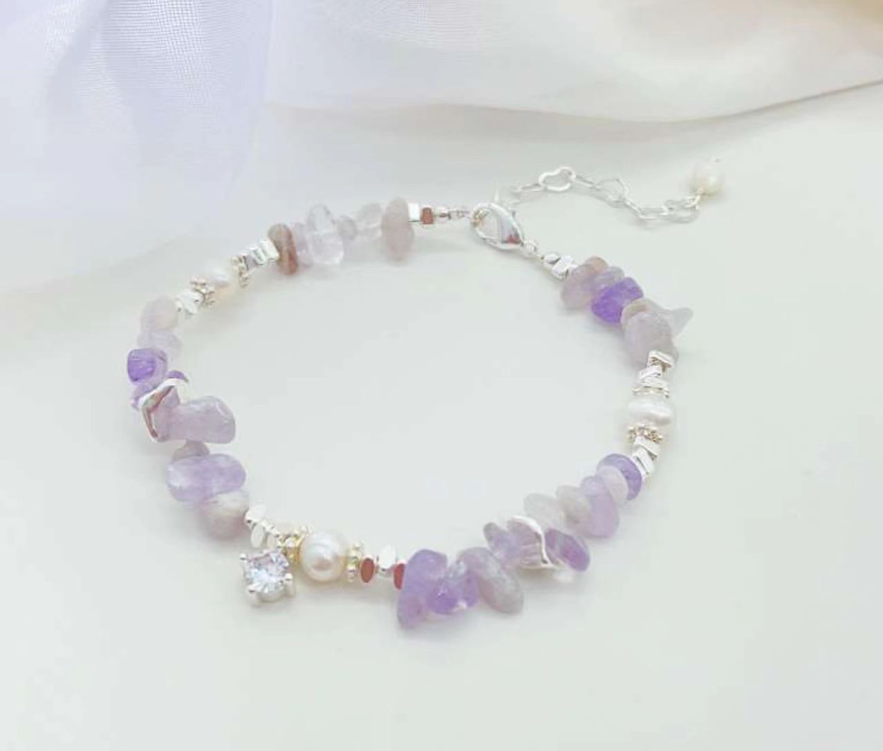 Lavender Amethyst Raw Stones and Pearl Bracelet