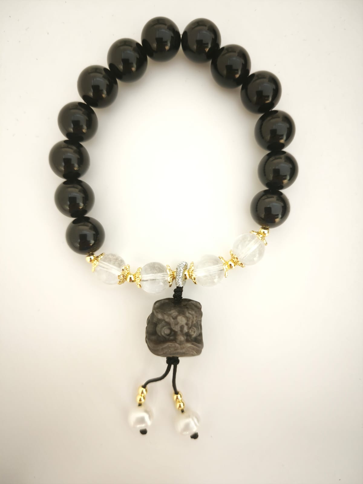 Gold Sheen Obsidian, Obsidian, Quartz and Pearl Bracelet
