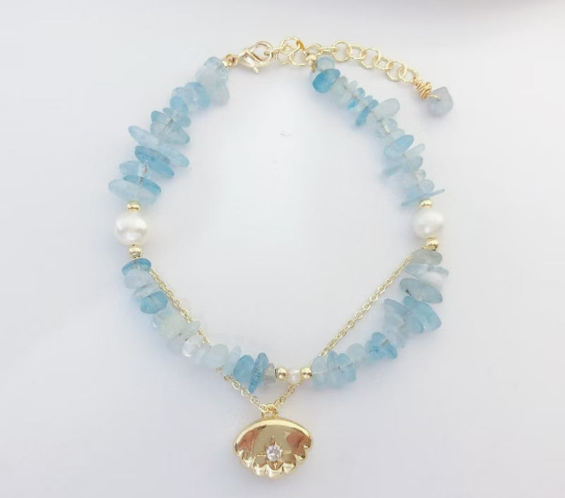 Aquamarine Raw Stones and Pearl Bracelet