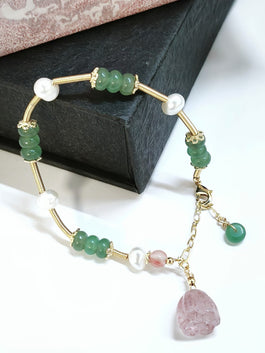 Green Aventurine, Strawberry Quartz and Pearl Adjustable Bracelet