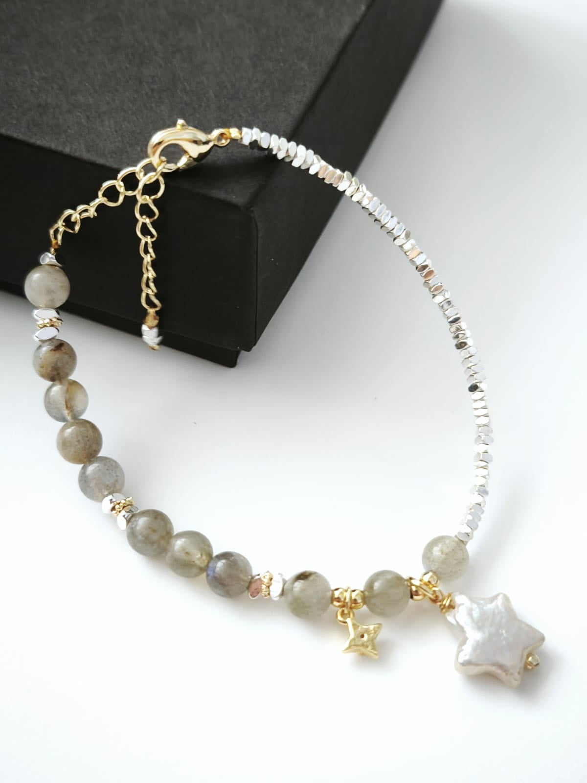 Grey Moonstone, Baroque Star Bead and Pearl Adjustable Bracelet