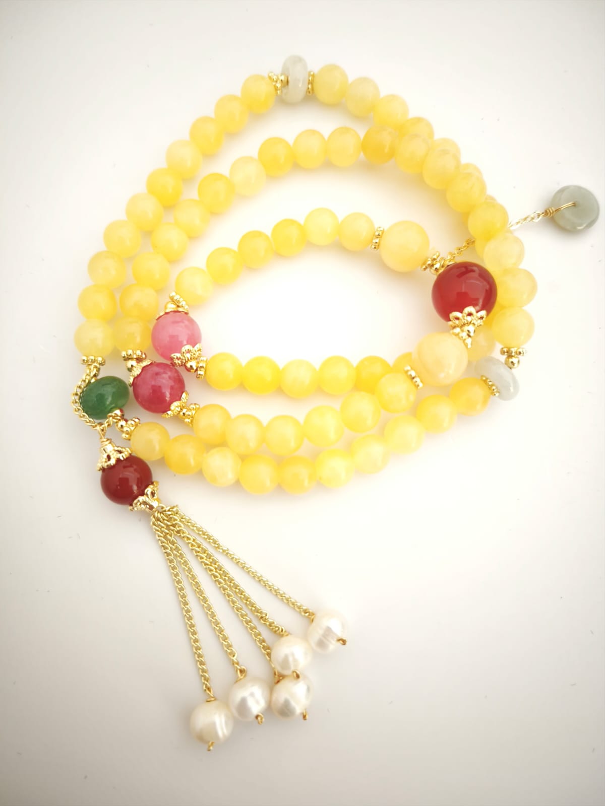 Green Aventurine, Honey Yellow Jade, Jade Pendant, Red Agate, Rhodochrosite Triple Bracelet