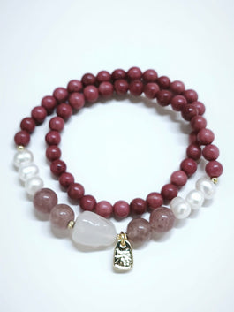 Agate, Rhodochrosite and Pearl Double Bracelet