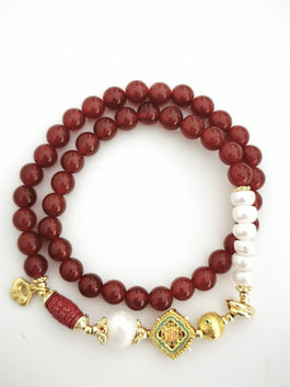 Cinnabar, Red Agate, Good Fortune Plate and Pearl Double Bracelet
