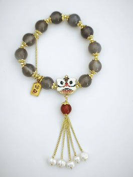 Grey Agate, Red Agate, Lion Plate and Pearl Bracelet