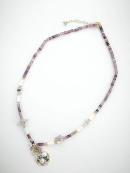 Amethyst, Purple Fluorite, Pearl and Pearl Pendant Necklace