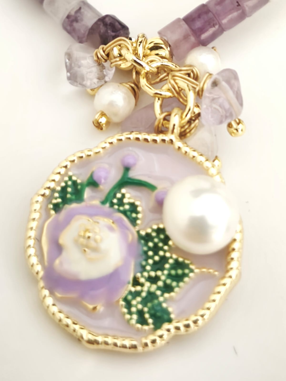 Amethyst, Purple Fluorite, Pearl and Pearl Pendant Necklace