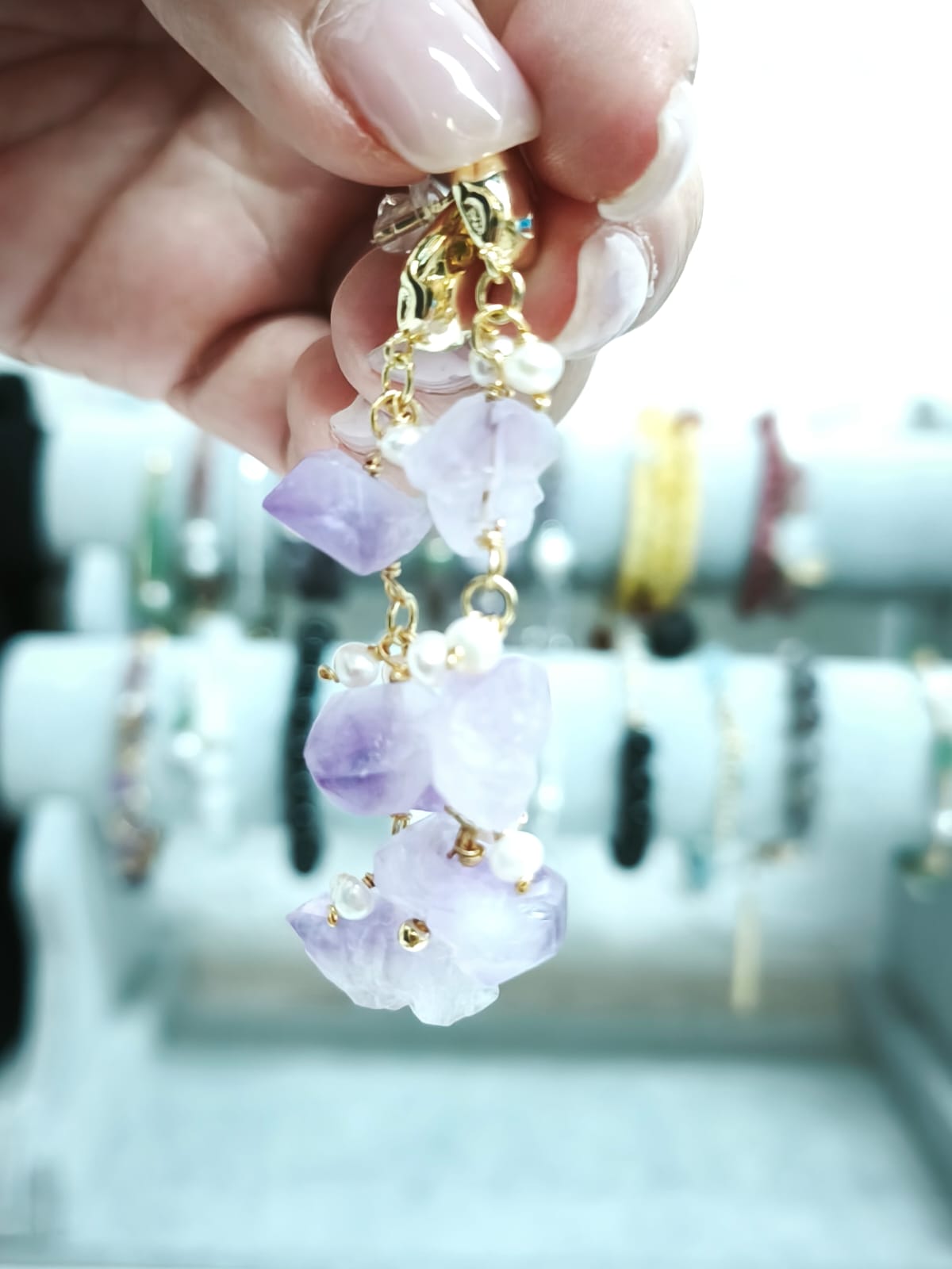 Amethyst Raw Stones and Pearl Earrings
