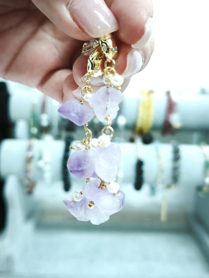 Amethyst Raw Stones and Pearl Earrings