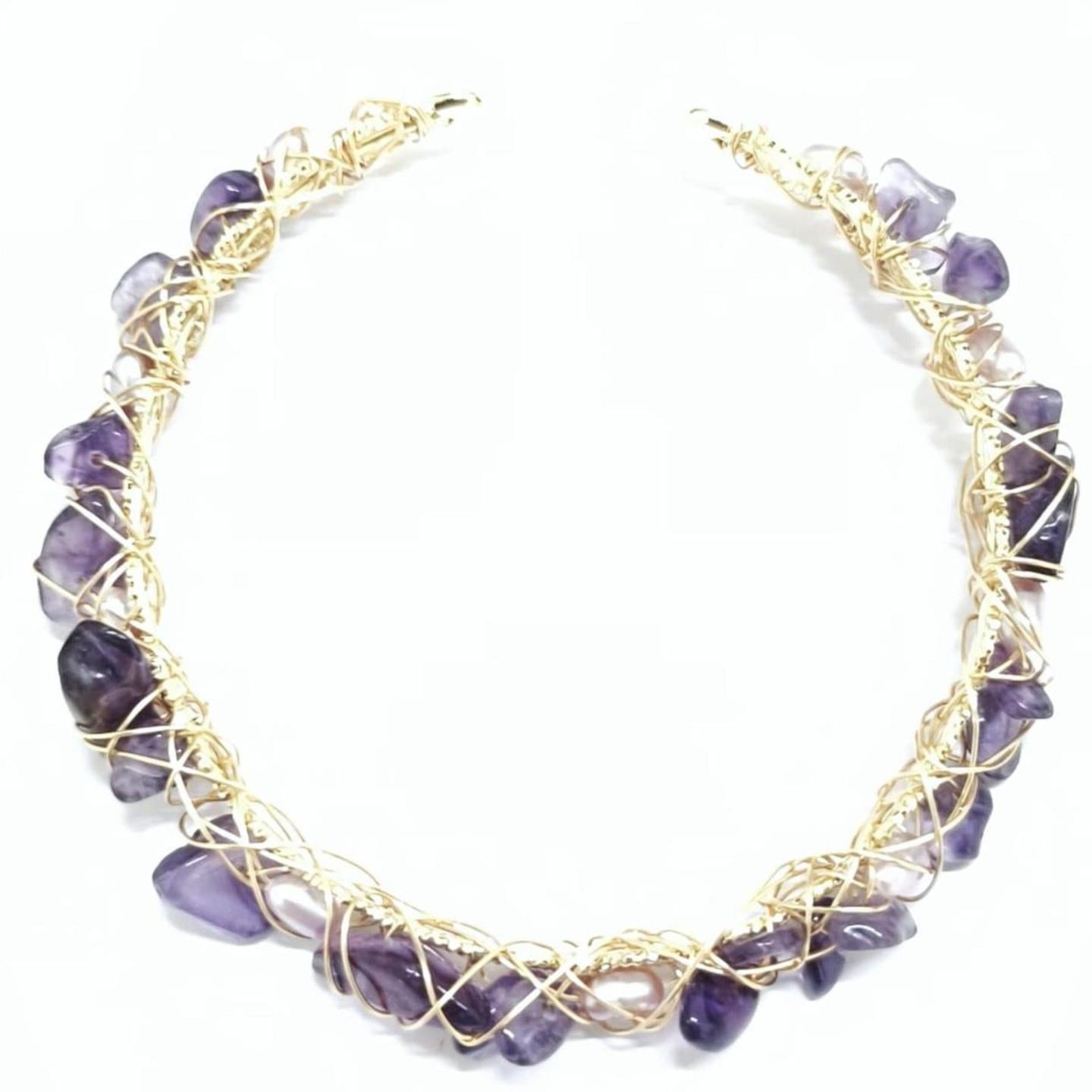 Amethyst Raw Stones and Pearl Copper Cuff Bracelet