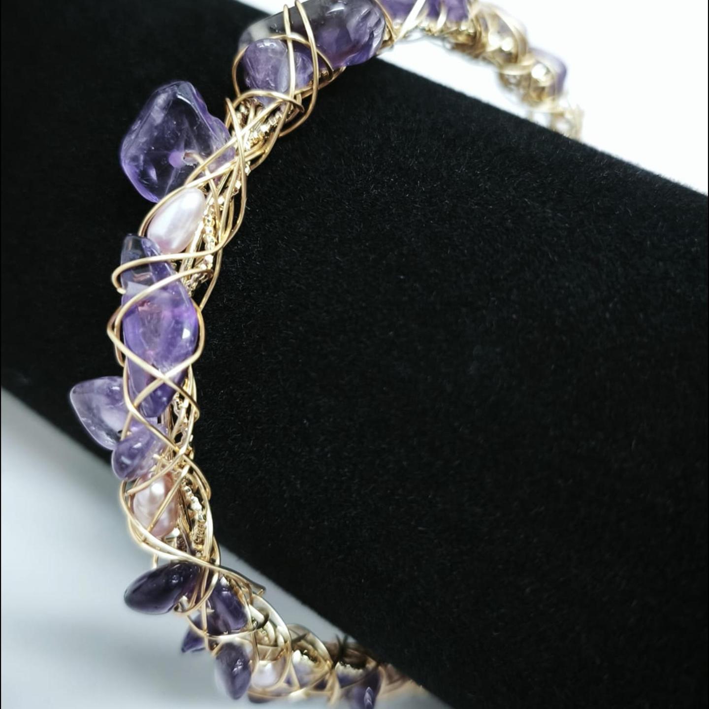 Amethyst Raw Stones and Pearl Copper Cuff Bracelet