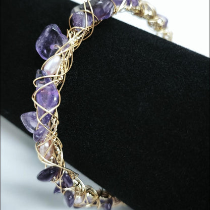 Amethyst Raw Stones and Pearl Copper Cuff Bracelet