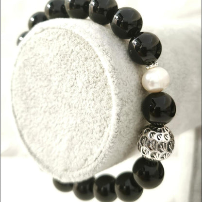 Obsidian and Pearl Bracelet