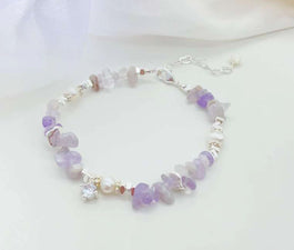 Lavender Amethyst Raw Stones and Pearl Bracelet
