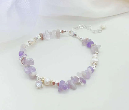 Lavender Amethyst Raw Stones and Pearl Bracelet