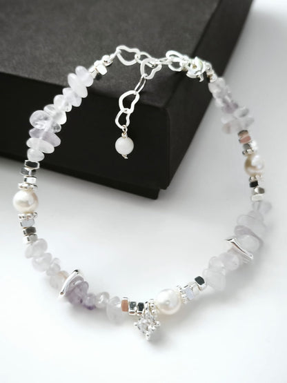 Lavender Amethyst Raw Stones and Pearl Bracelet