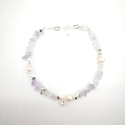 Lavender Amethyst Raw Stones and Pearl Bracelet