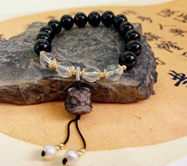 Gold Sheen Obsidian, Obsidian, Quartz and Pearl Bracelet