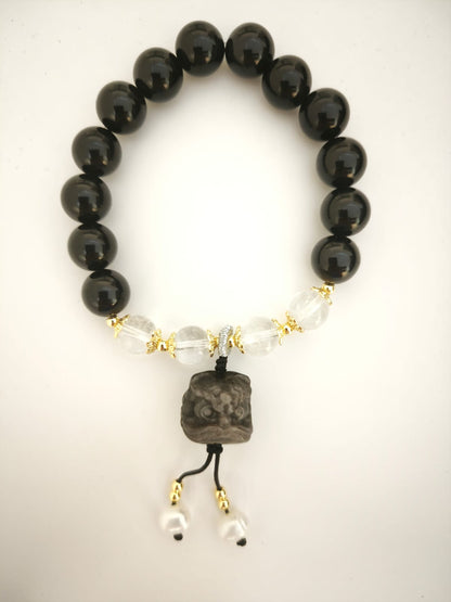 Gold Sheen Obsidian, Obsidian, Quartz and Pearl Bracelet