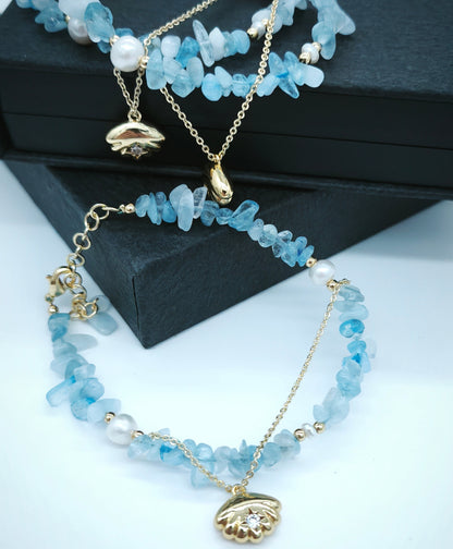 Aquamarine Raw Stones and Pearl Bracelet