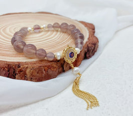 Grey Agate, Purple Phantom Quartz and Pearl Bracelet
