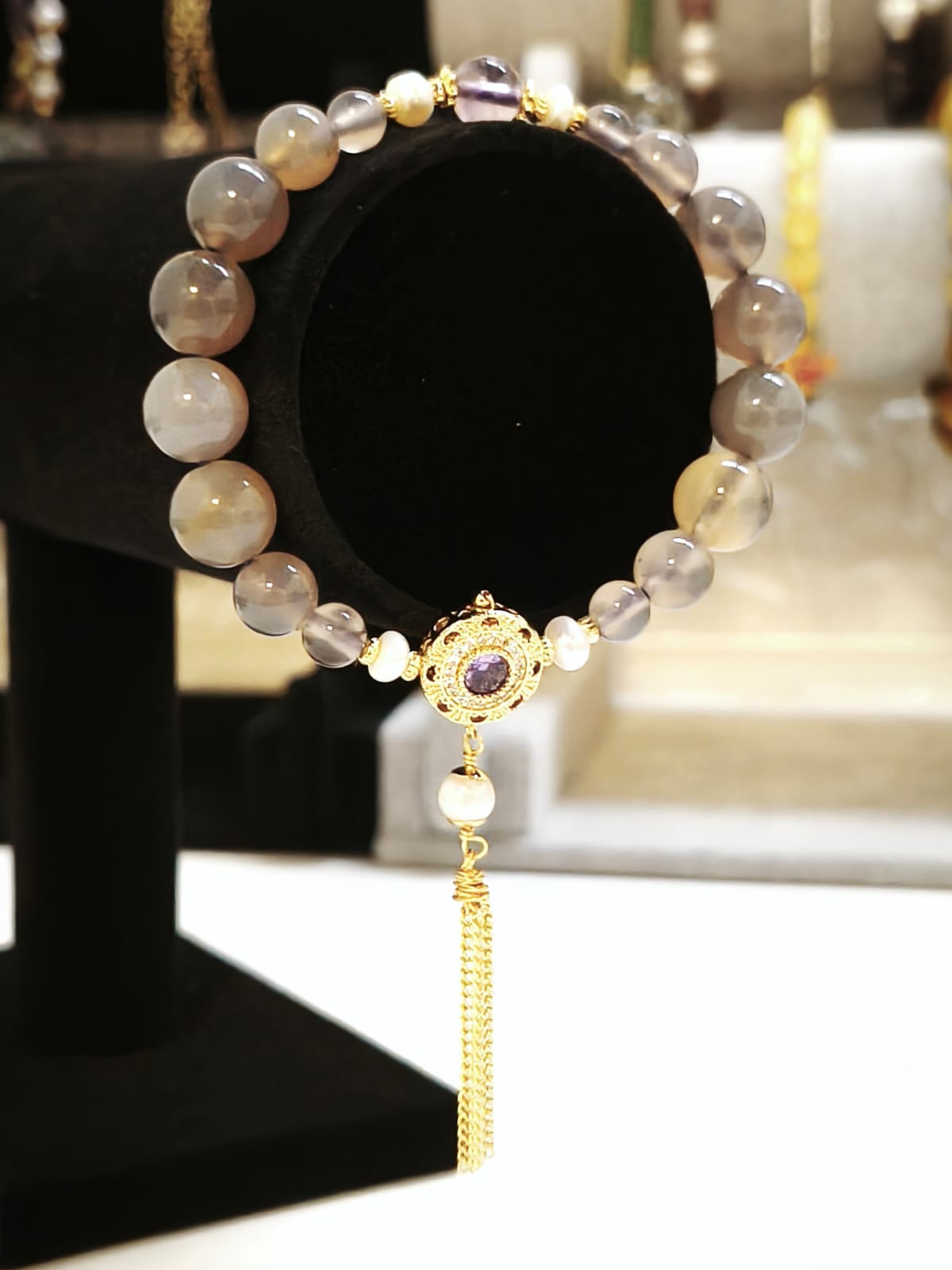 Grey Agate, Purple Phantom Quartz and Pearl Bracelet