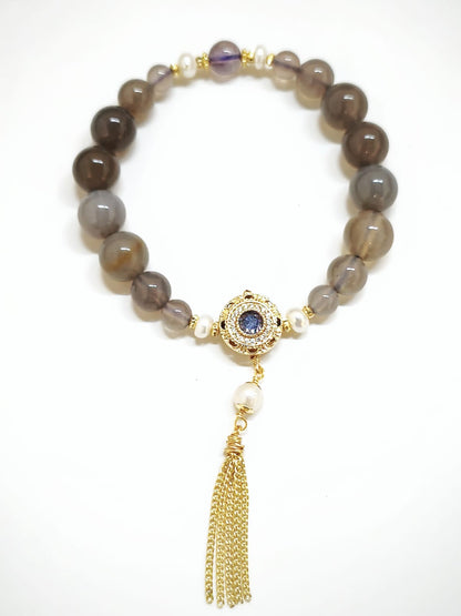 Grey Agate, Purple Phantom Quartz and Pearl Bracelet