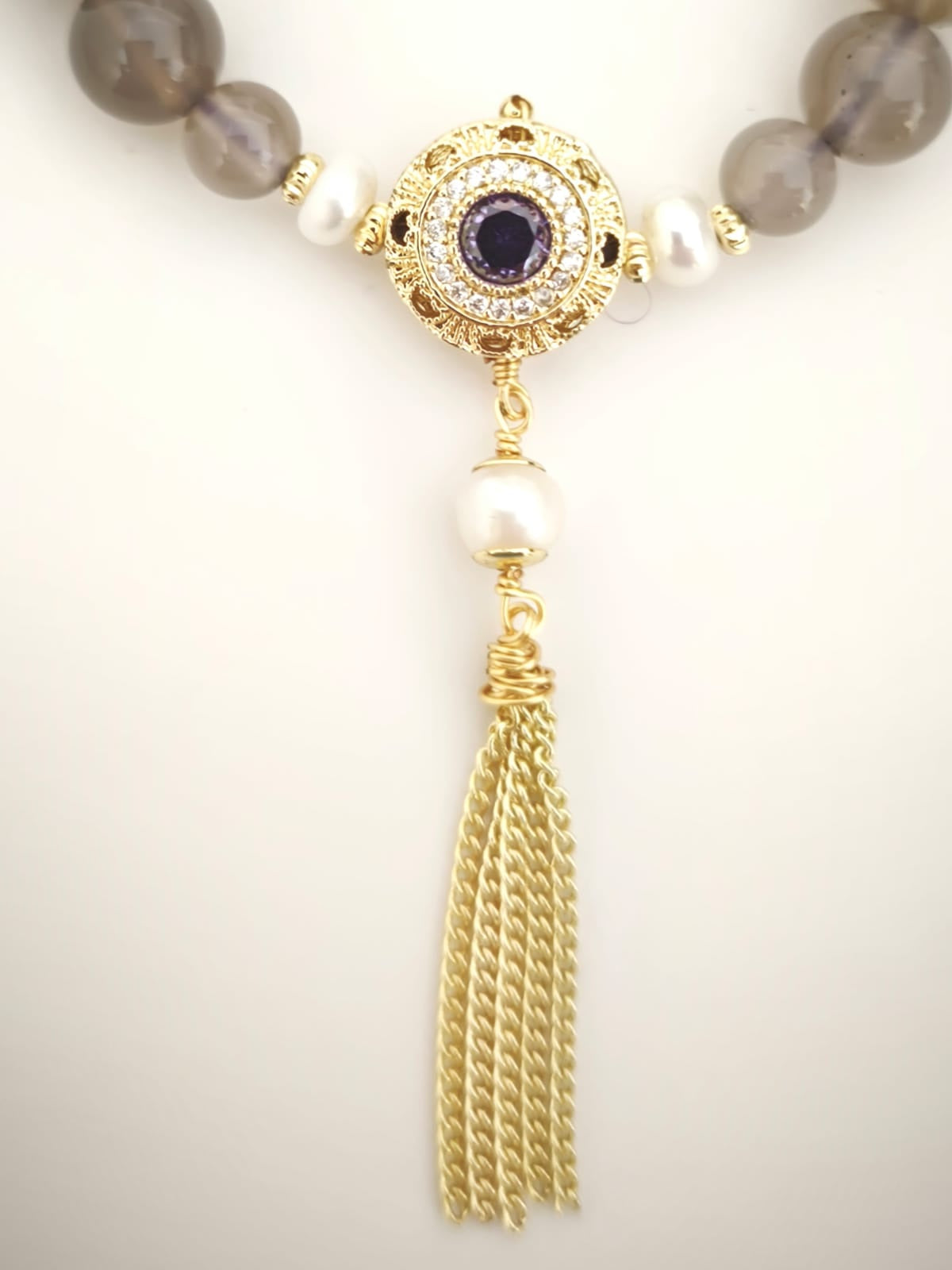 Grey Agate, Purple Phantom Quartz and Pearl Bracelet