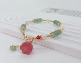 Green Aventurine, Strawberry Quartz and Pearl Adjustable Bracelet