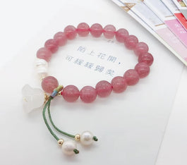 Golden Silk Jade, Strawberry Quartz and Pearl Bracelet