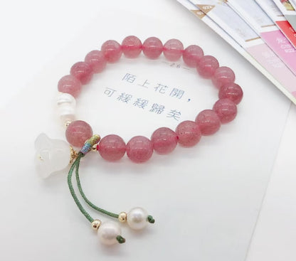 Golden Silk Jade, Strawberry Quartz and Pearl Bracelet