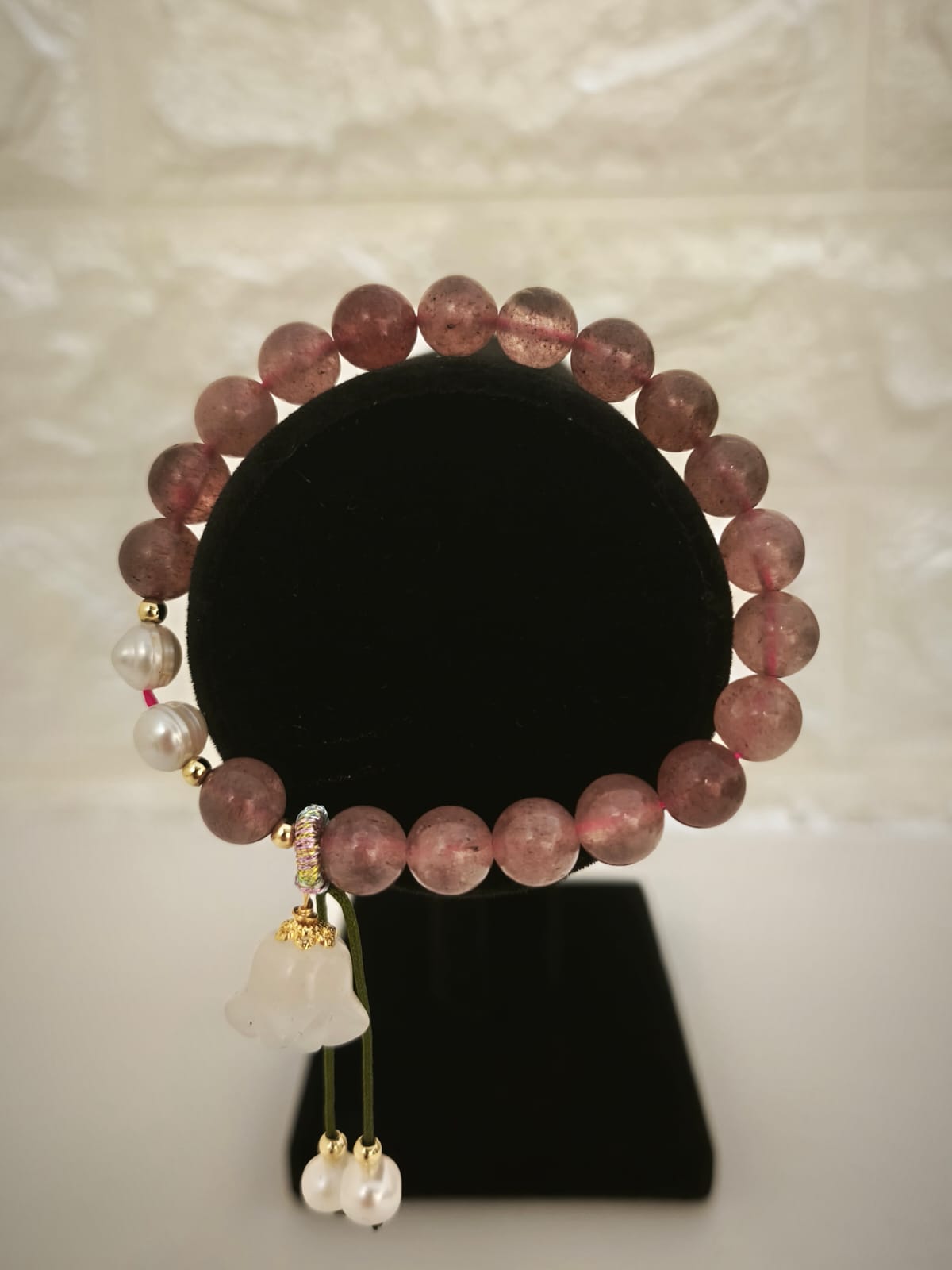 Golden Silk Jade, Strawberry Quartz and Pearl Bracelet