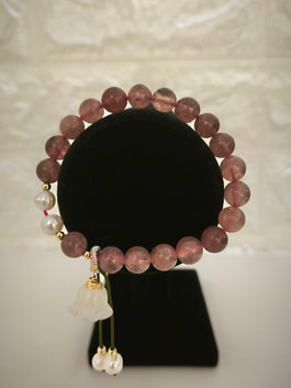 Golden Silk Jade, Strawberry Quartz and Pearl Bracelet