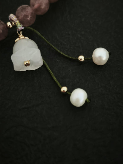 Golden Silk Jade, Strawberry Quartz and Pearl Bracelet