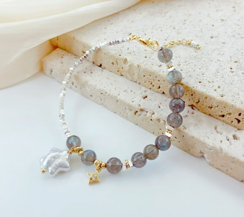 Grey Moonstone, Baroque Star Bead and Pearl Adjustable Bracelet