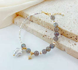 Grey Moonstone, Baroque Star Bead and Pearl Adjustable Bracelet