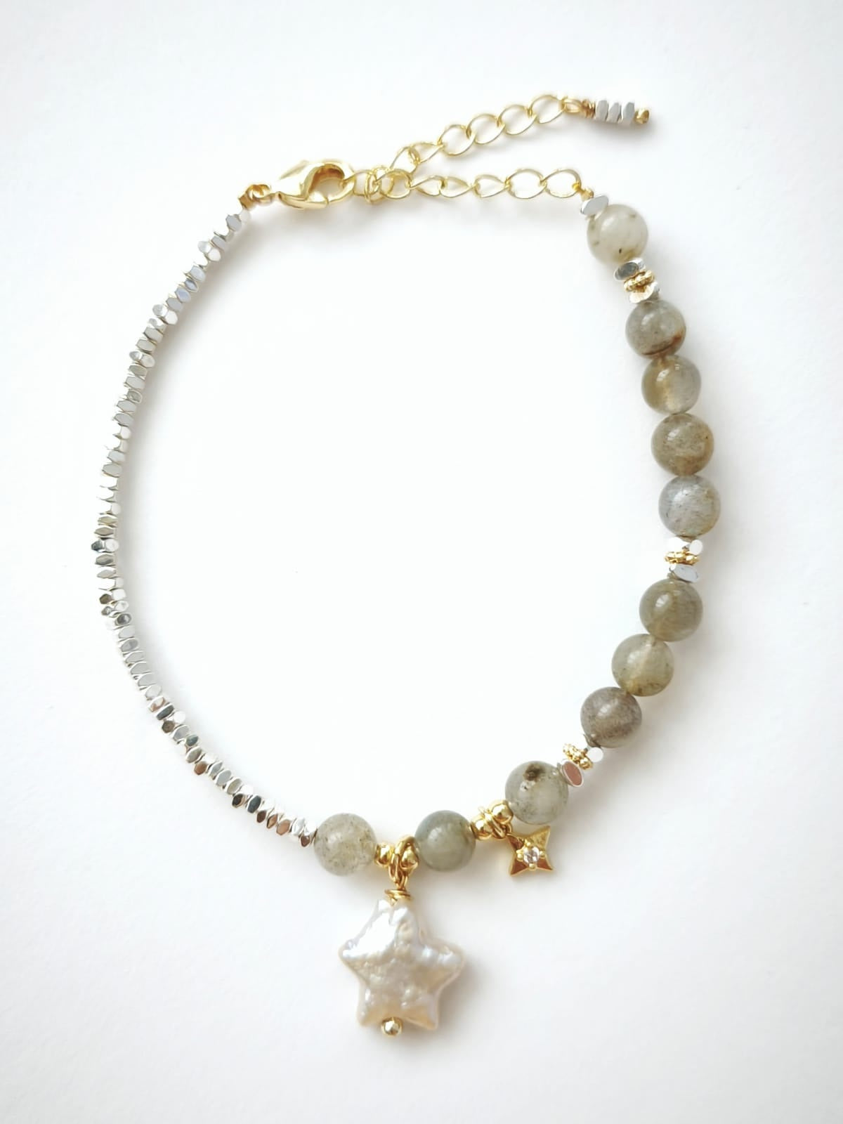 Grey Moonstone, Baroque Star Bead and Pearl Adjustable Bracelet