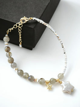Grey Moonstone, Baroque Star Bead and Pearl Adjustable Bracelet