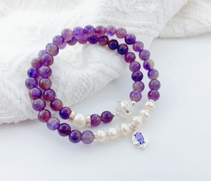 Amethyst and Pearl Double Bracelet