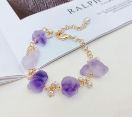 Amethyst Raw Stones and Pearl Adjustable Bracelet