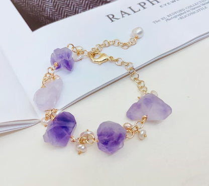 Amethyst Raw Stones and Pearl Adjustable Bracelet