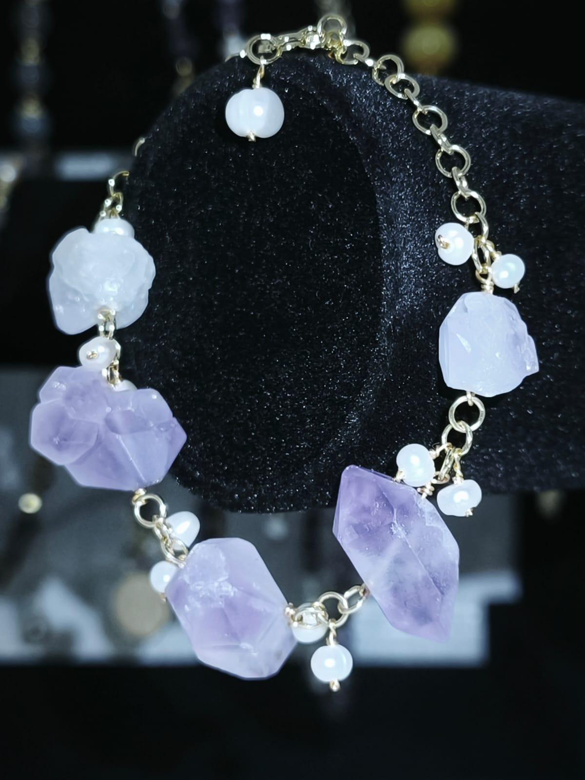 Amethyst Raw Stones and Pearl Adjustable Bracelet