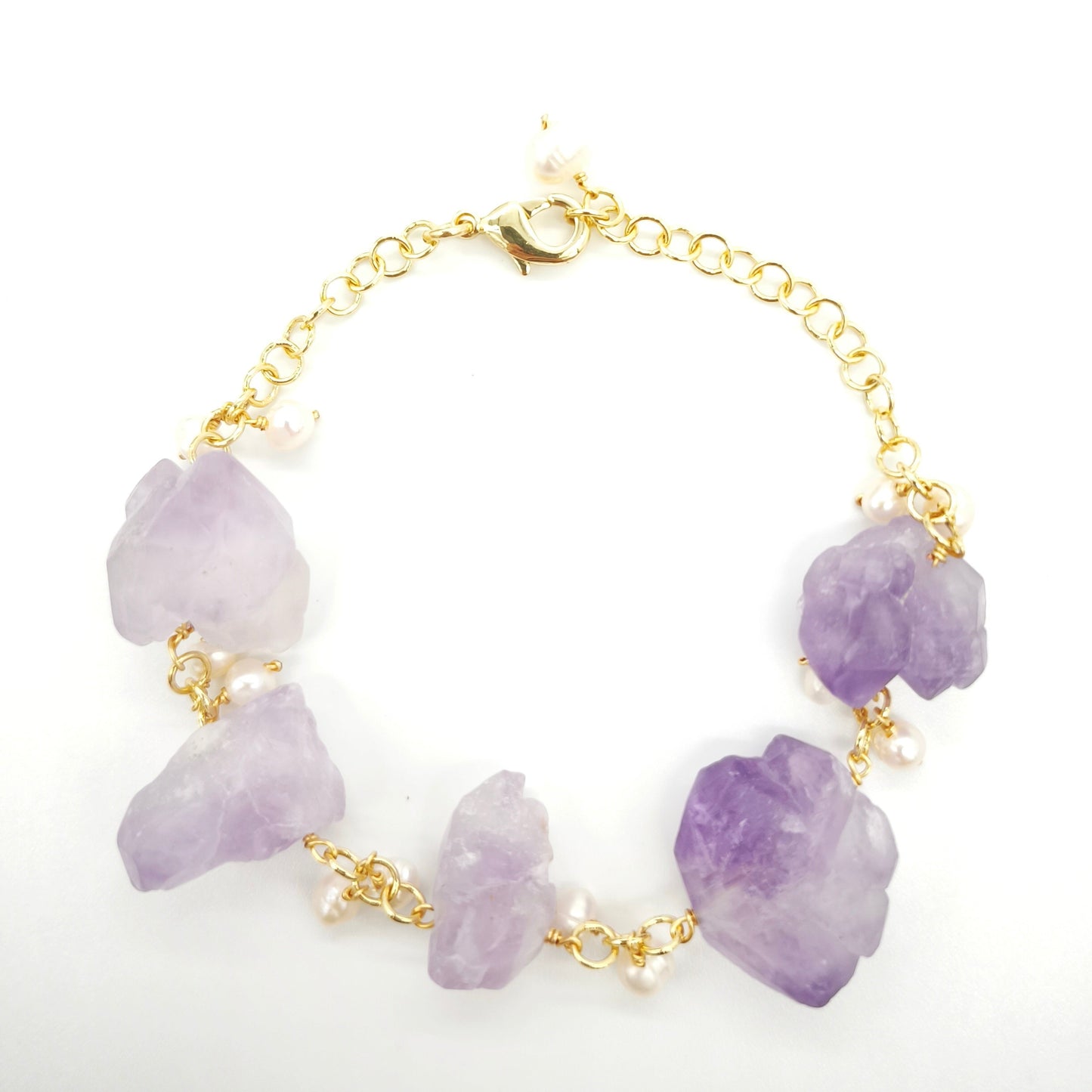 Amethyst Raw Stones and Pearl Adjustable Bracelet