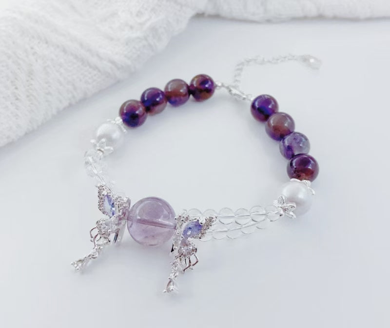 Amethyst, Glass and Pearl Adjustable Bracelet