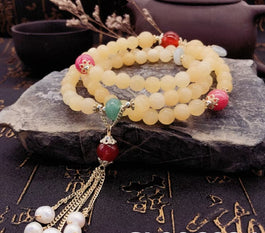Green Aventurine, Honey Yellow Jade, Jade Pendant, Red Agate, Rhodochrosite Triple Bracelet