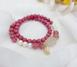 Agate, Rhodochrosite and Pearl Double Bracelet