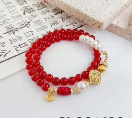 Cinnabar, Red Agate, Good Fortune Plate and Pearl Double Bracelet