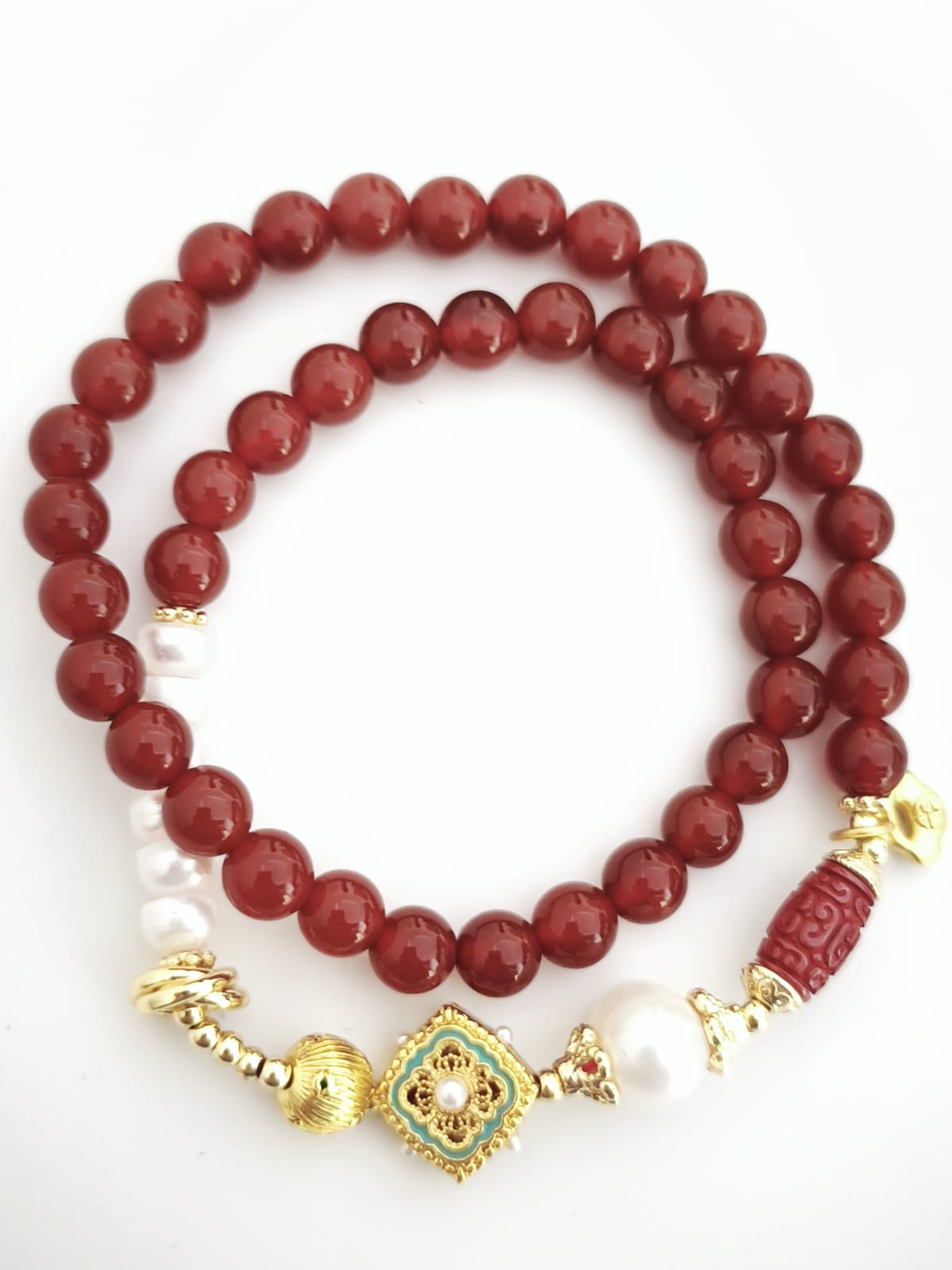 Cinnabar, Red Agate, Good Fortune Plate and Pearl Double Bracelet