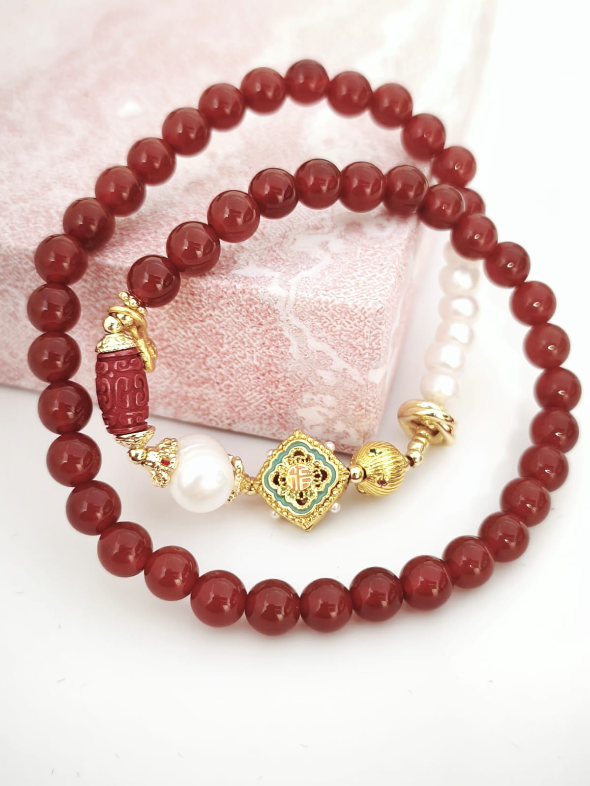 Cinnabar, Red Agate, Good Fortune Plate and Pearl Double Bracelet