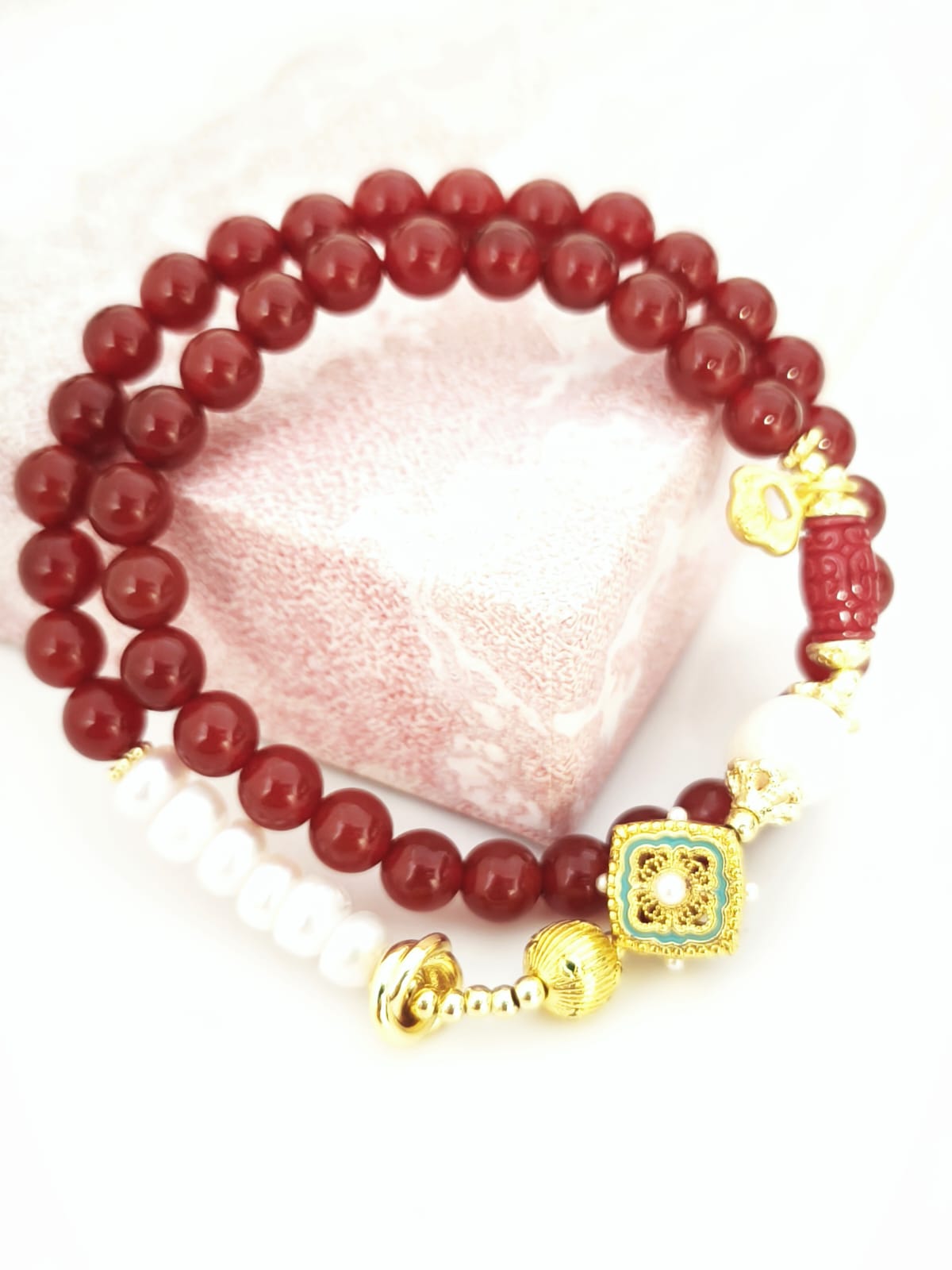 Cinnabar, Red Agate, Good Fortune Plate and Pearl Double Bracelet
